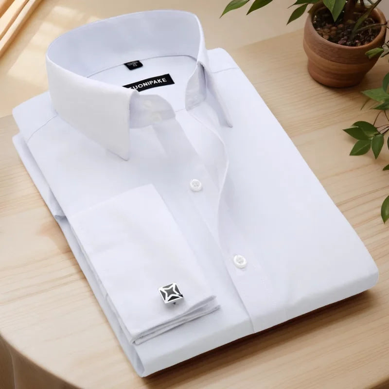 Men's French cufflinks shirt, men's slim fit long sleeved business sleeve nail free business formal men's solid color shirt