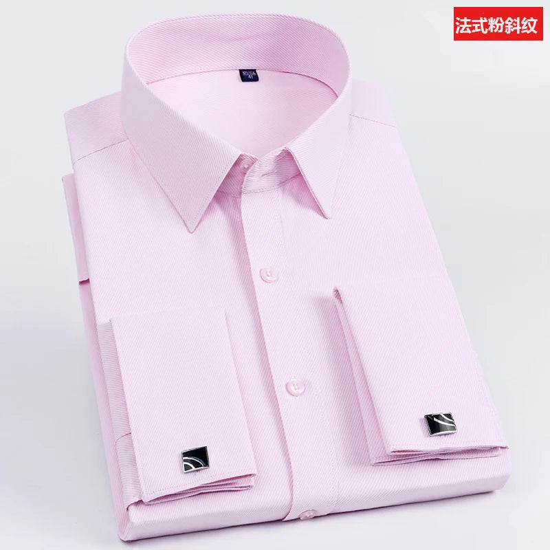 Men's French cufflinks shirt, men's slim fit long sleeved business sleeve nail free business formal men's solid color shirt