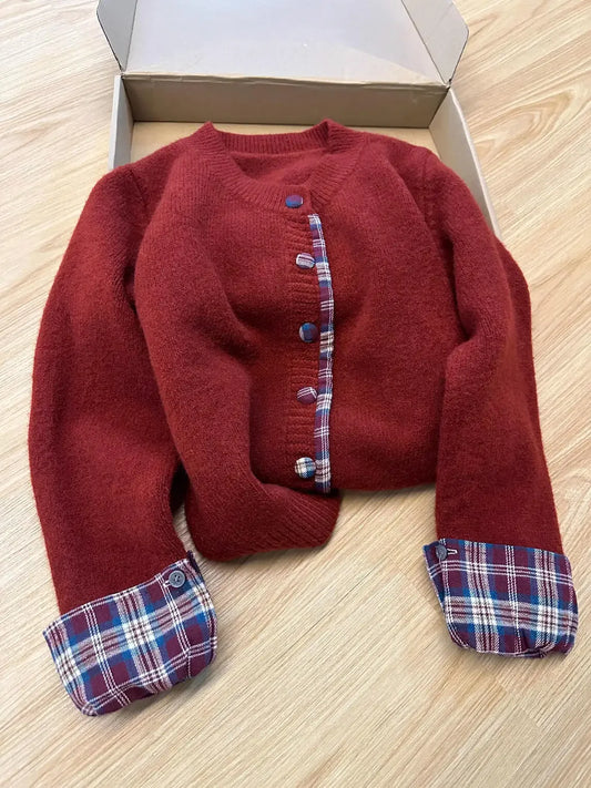 Korean fake two-piece round neck stitching plaid sweater women's autumn and winter clothes new loose casual Joker cardigan top