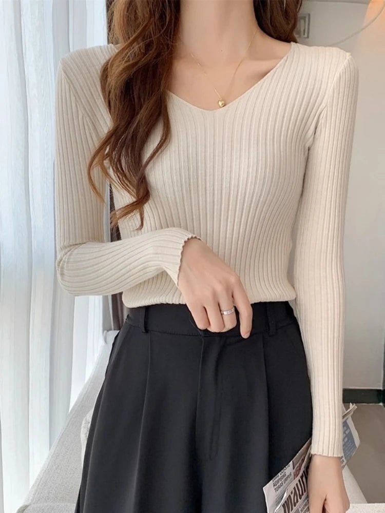 2026 Korean Autumn Winter V Neck Sweater Fashion Casual Long Sleeve Knitted Sweaters Solid Color Slim Pullovers Women Clothes