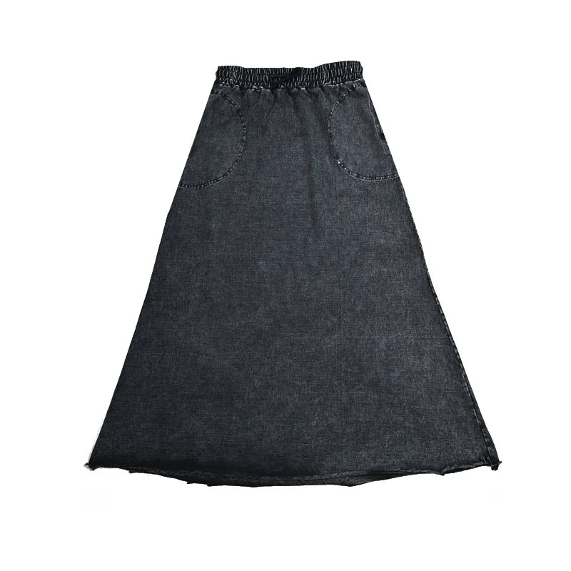 Fall season denim black women lady clothes maxi waisted skirt and long sleeves top set raw edges girl skirt with pockets