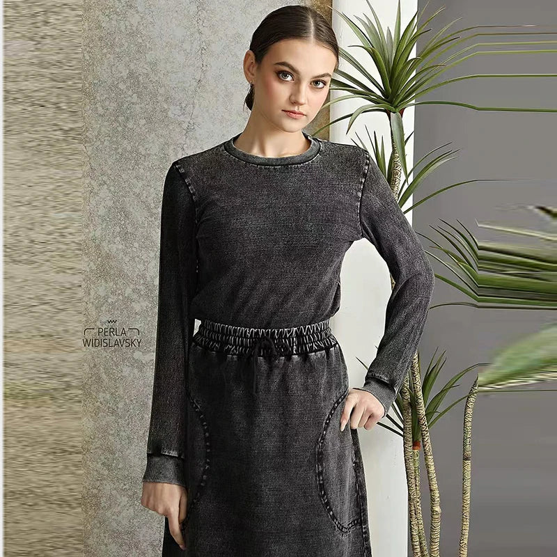 Fall season denim black women lady clothes maxi waisted skirt and long sleeves top set raw edges girl skirt with pockets