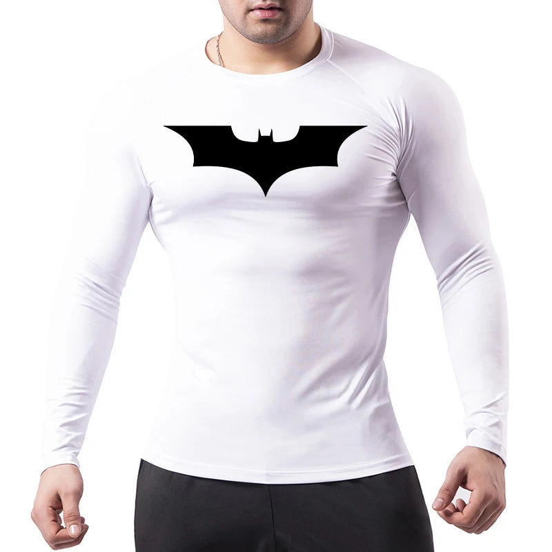 Bat Print Long Sleeve Compression Shirts for Men Gym Workout Running Tees Athletic Quick Dry Tshirts Tops Rash Guard Baselayers