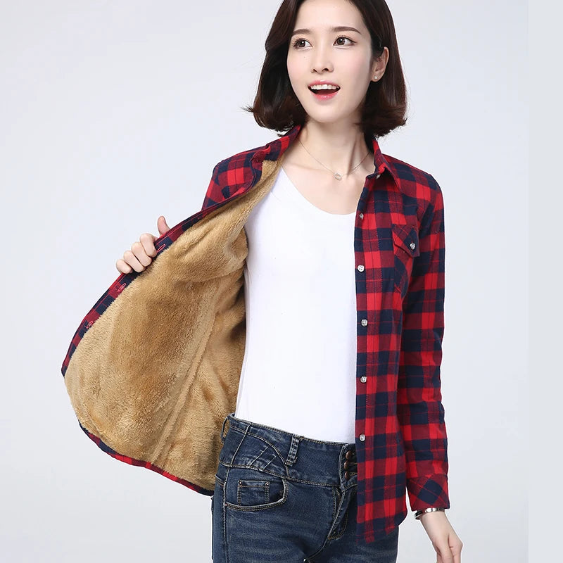 2025 Winter New Women's Warm Plaid Shirt Coat Casual Fleece Velvet Plus Thicke Jacket Tops College Style Woman Clothes Outerwear