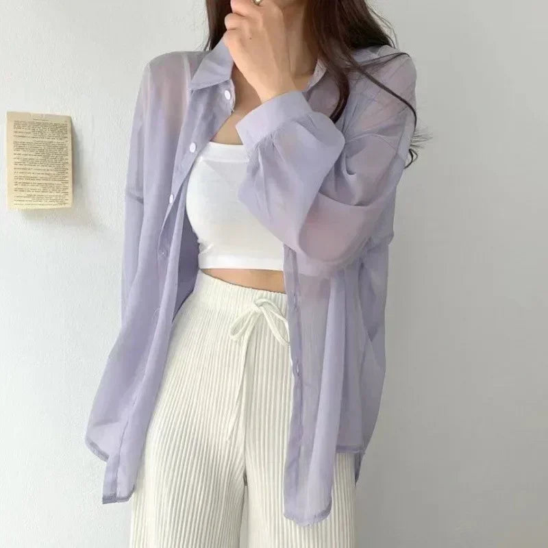 2025 Colors Shirts Women Sheer Thin Chic Summer Simple Solid Sun-proof Temper Fashion Baggy All-match Basic Korean Style Clothes