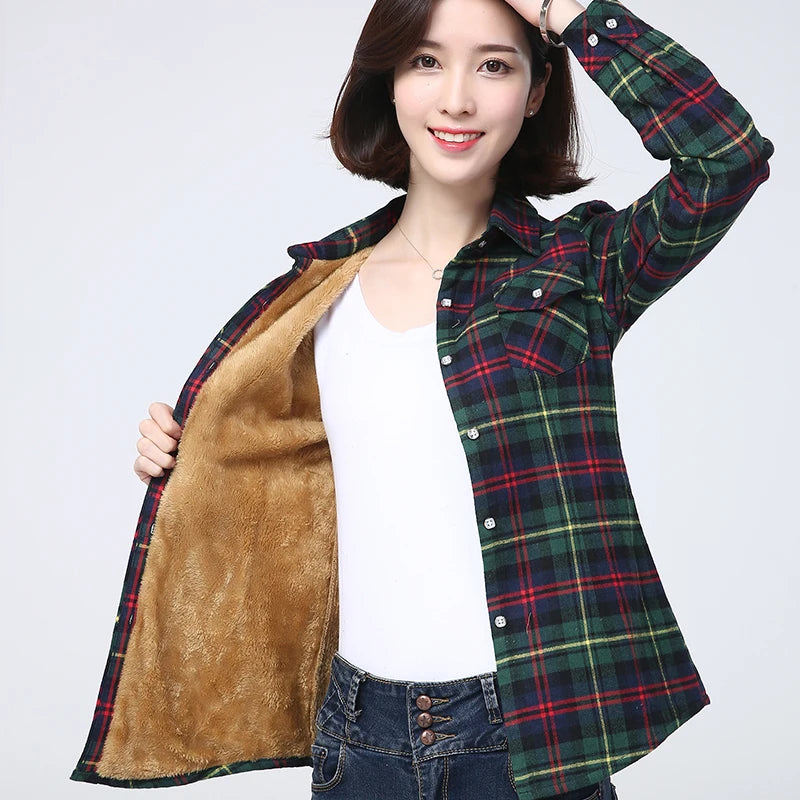2025 Winter New Women's Warm Plaid Shirt Coat Casual Fleece Velvet Plus Thicke Jacket Tops College Style Woman Clothes Outerwear