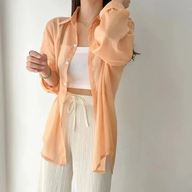 2025 Colors Shirts Women Sheer Thin Chic Summer Simple Solid Sun-proof Temper Fashion Baggy All-match Basic Korean Style Clothes