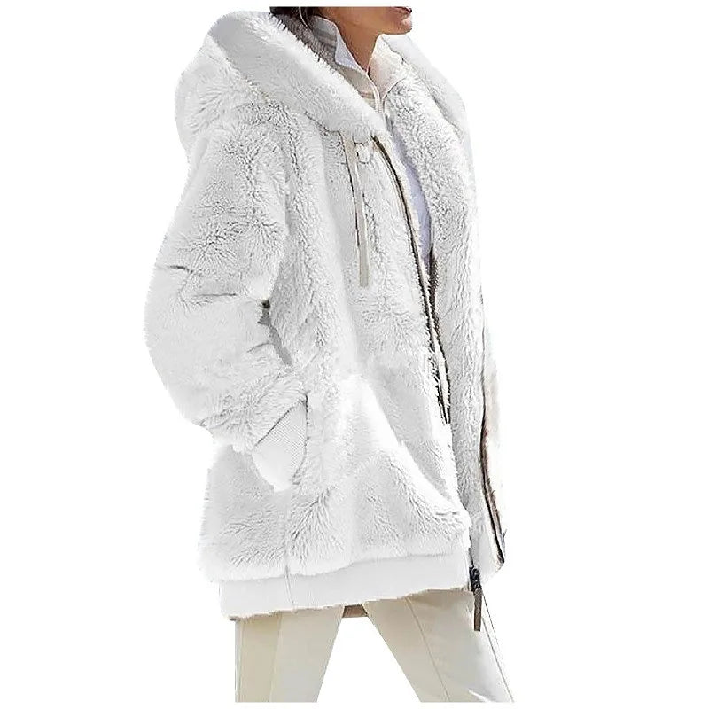 New Style Winter Fashion Women's Coat Casual Hooded Zipper Ladies Clothes Cashmere Women Fleece Jacket Solid Color Ladies Coats