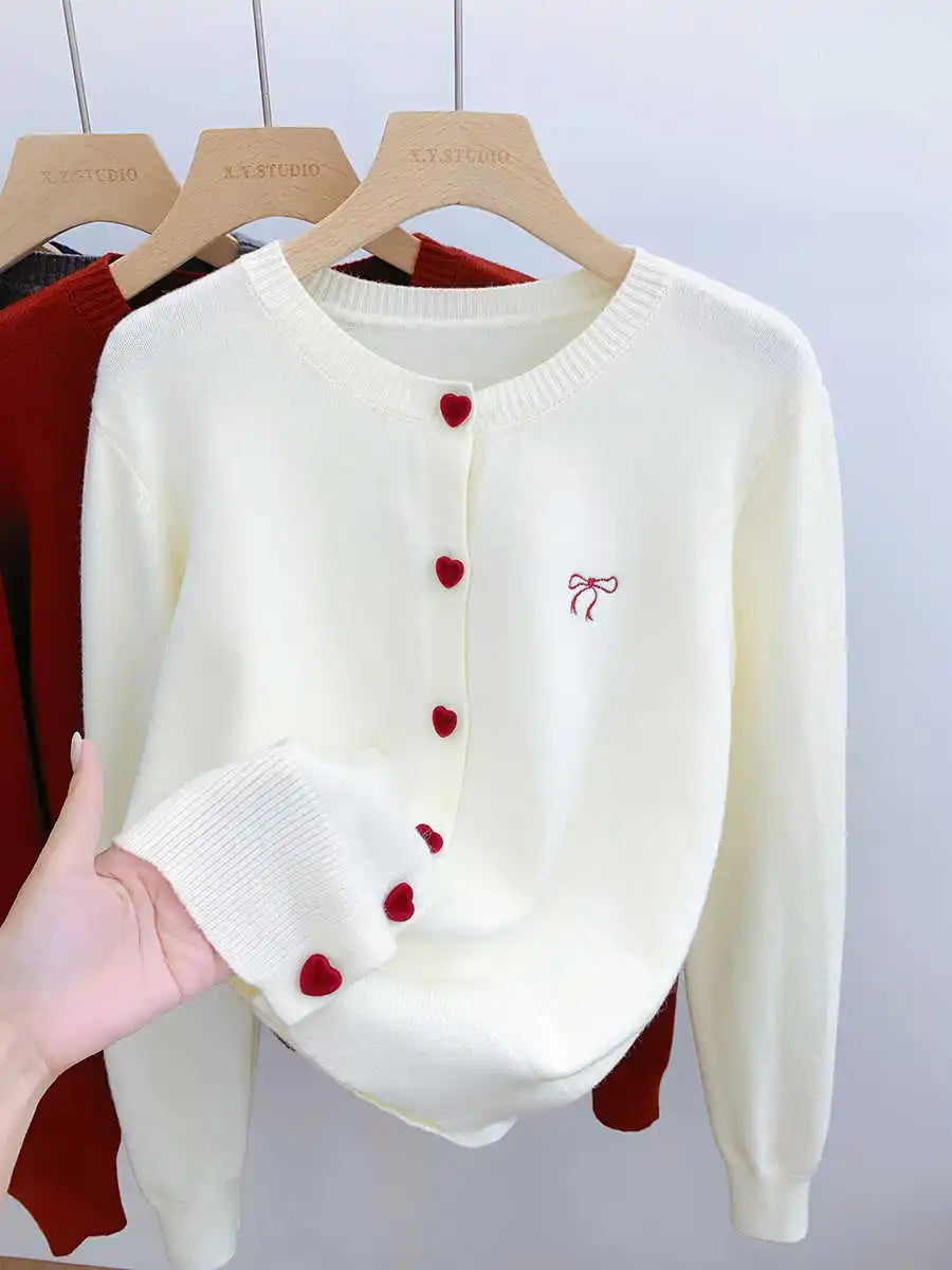 Women O-Neck Single Breasted Heart Button Sweater 2026 Bow Embroidery Knitted Cardigan Korean Casual Solid Tops Woman Clothes 45