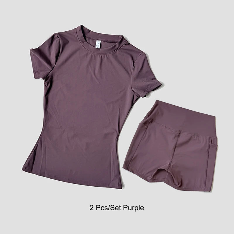Women's Sports Yoga Set Seamless Knitted Fitness Gym Clothes Sportswear Short Sleeve Crop Top Tracksuits Gym Short Leggings
