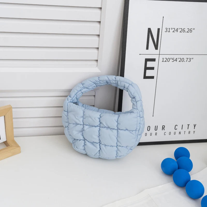 Candy bag Fashion Mini Puffer Tote Bag Quilted Circle Phone Purse  Elegant  Soft Nylon Padded Key Pouch Simple Trend Handbag