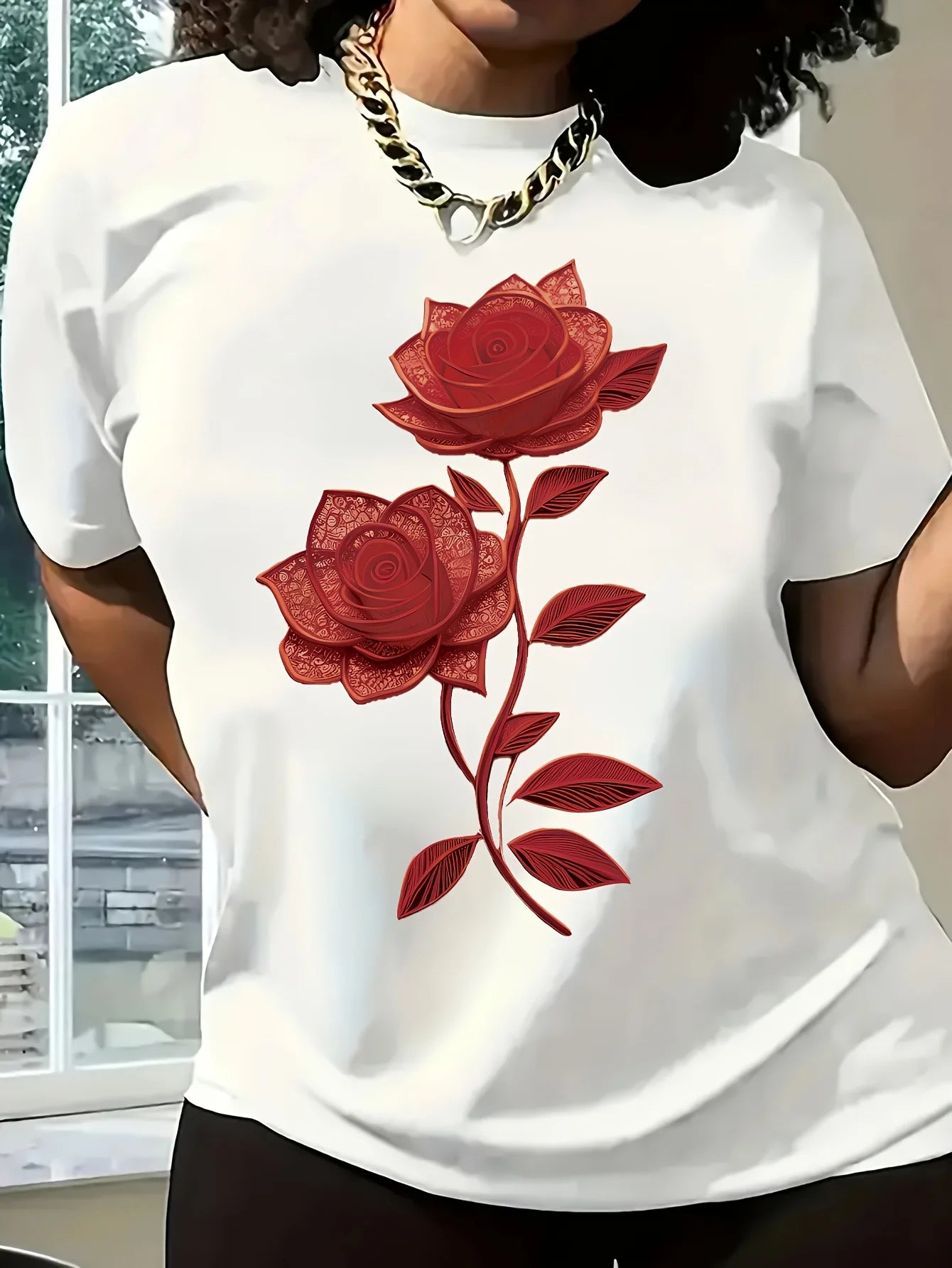 Women's Casual Crew Neck Flowers and plants T-Shirt Drawing Print Micro Elasticity All Season Essentials women clothes