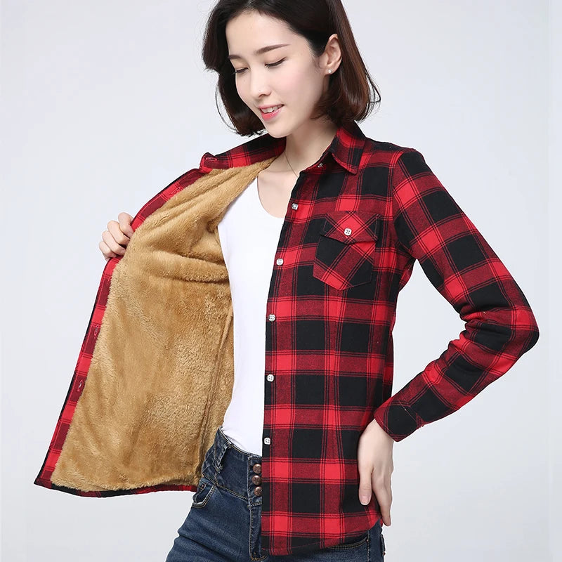 2025 Winter New Women's Warm Plaid Shirt Coat Casual Fleece Velvet Plus Thicke Jacket Tops College Style Woman Clothes Outerwear