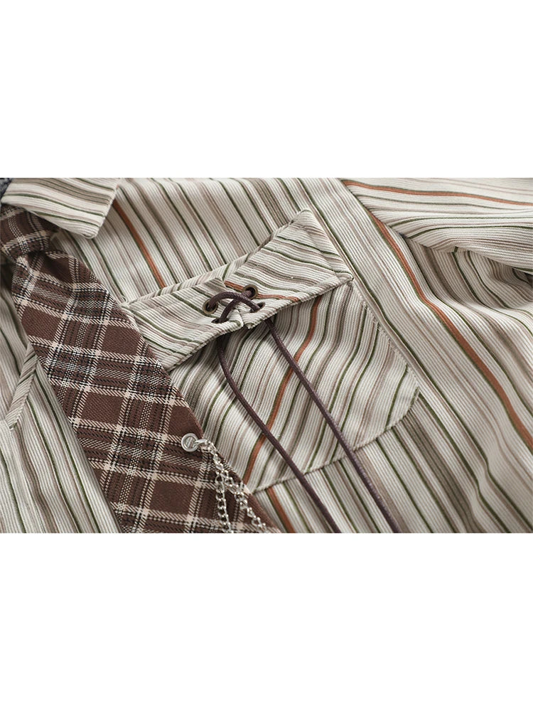 Women's Brown Striped Shirts and Blouses Y2k Vintage Korean Streetwear Harajuku 2000s Elegant Long Sleeve Emo Shirt Clothes 2024