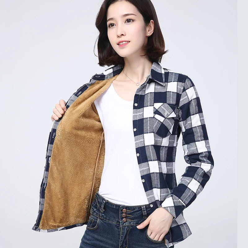 2025 Winter New Women's Warm Plaid Shirt Coat Casual Fleece Velvet Plus Thicke Jacket Tops College Style Woman Clothes Outerwear