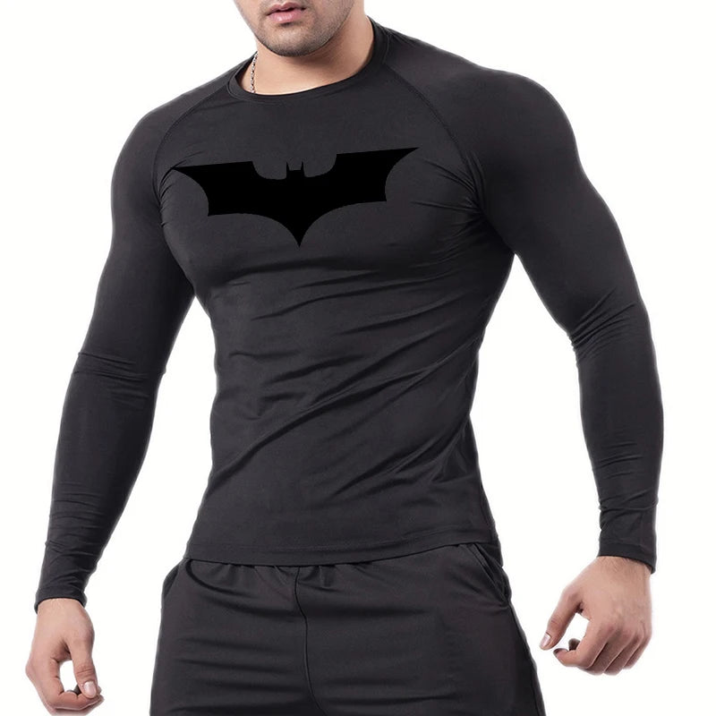 Bat Print Long Sleeve Compression Shirts for Men Gym Workout Running Tees Athletic Quick Dry Tshirts Tops Rash Guard Baselayers