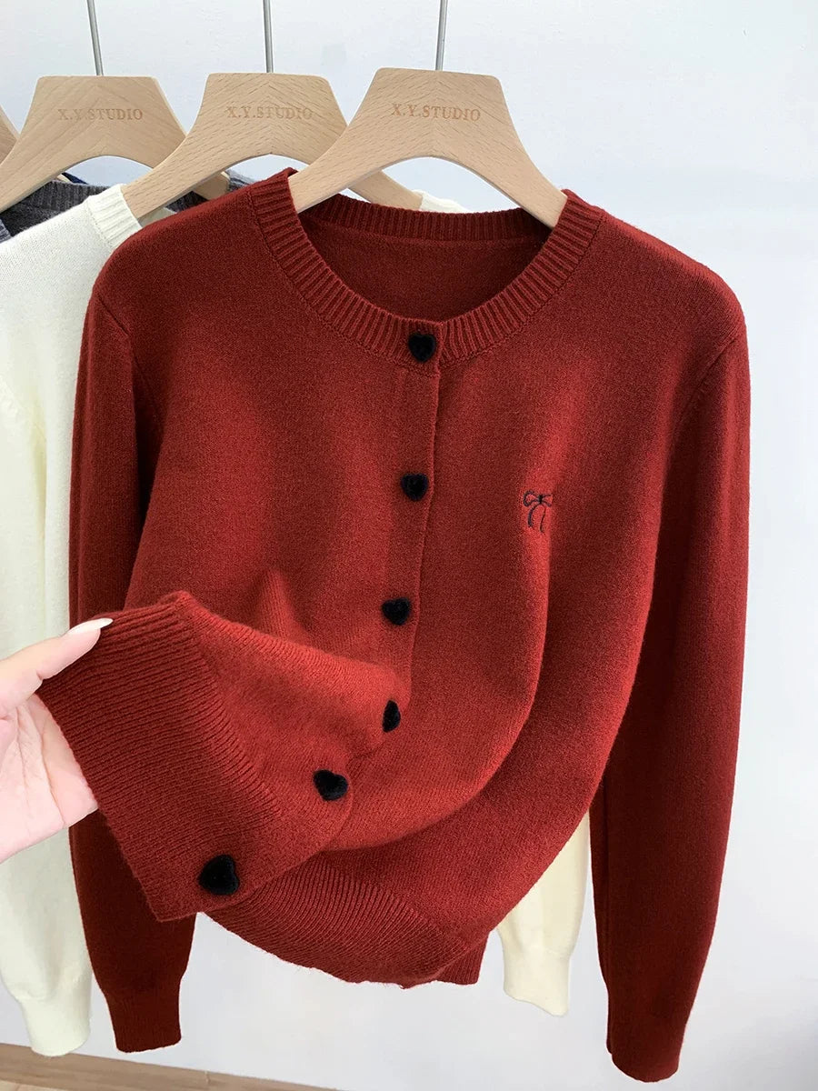 Women O-Neck Single Breasted Heart Button Sweater 2026 Bow Embroidery Knitted Cardigan Korean Casual Solid Tops Woman Clothes 45