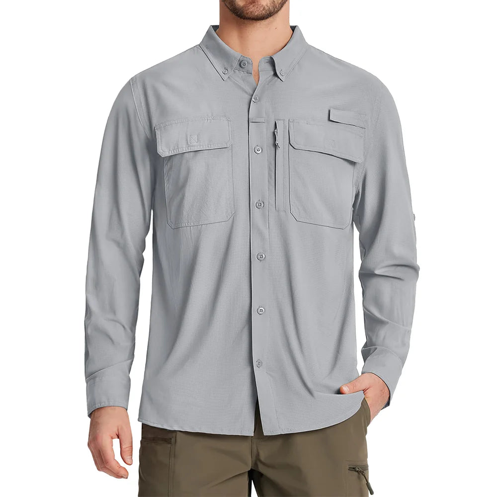 TACVASEN UPF 50+ Sun Protection Fishing Shirts Men's Quick Dry Long Sleeve Shirts Mesh Breathable Hiking Work Cargo Shirts
