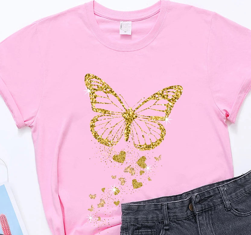 Golden Butterfly Print Women T Shirt Short Sleeve O Neck  Women Tshirt Ladies Tee Shirt Tops Clothes Camisetas Mujer Y2K Top