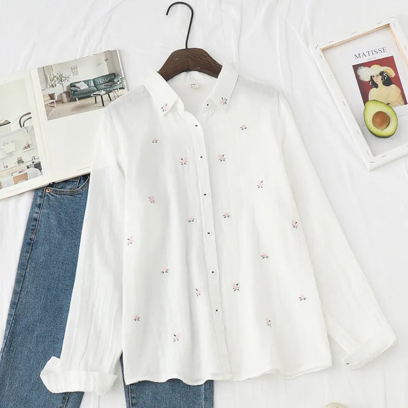 2024 Spring Autumn New Fresh Cotton Yarn Ladies Long Sleeve Shirt Flower Embroidered Women's Casual Shirt Female Blouse Clothes