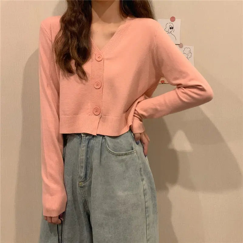 Knitted Cropped Cardigan Women Korean Short Sweater Long sleeve Crop Top V neck Fashion Y2k Clothes Green Blue