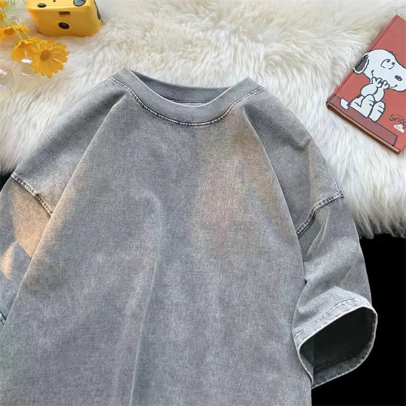 American Style Retro Heavyweight Solid Color Short Sleeved T-shirt Men Women Summer Street Trendy Washed Old Oversized Clothes