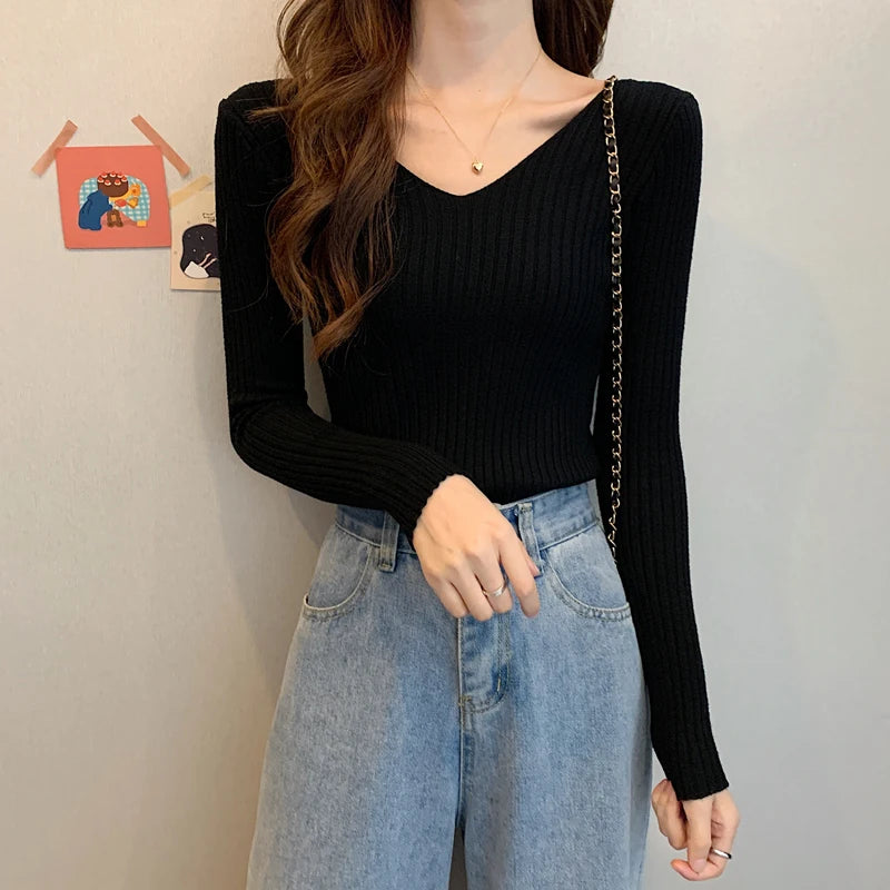 2026 Korean Autumn Winter V Neck Sweater Fashion Casual Long Sleeve Knitted Sweaters Solid Color Slim Pullovers Women Clothes