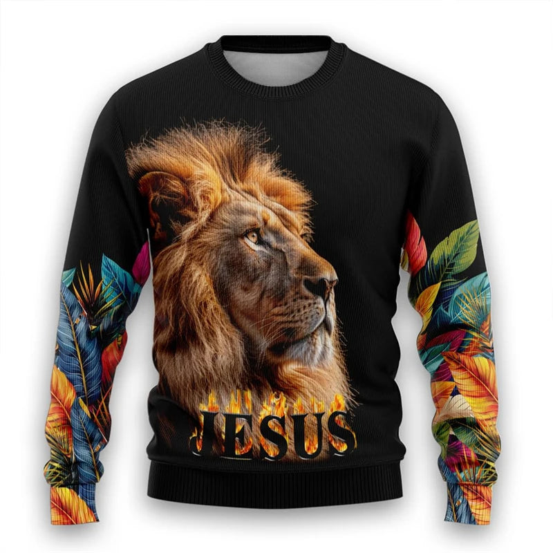 Christian Lion Graphic Sweatshirts God Jesus Ugly Christmas Sweater For Women Clothes Casual Cross Long Sleeve Man Pullovers