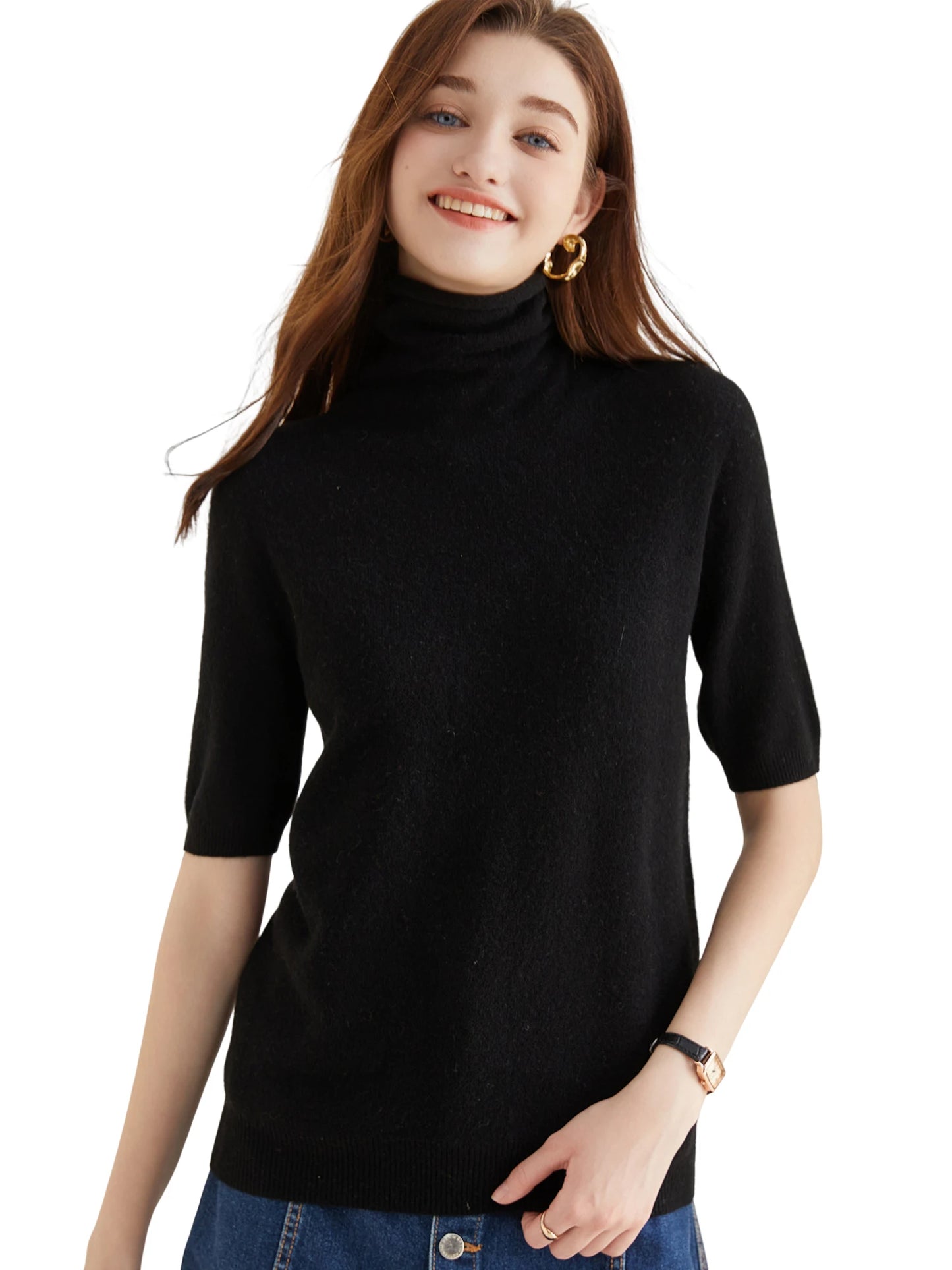 Women's Knit Tops Short Sleeve Fashion Women Sweaters New 100% Merino Wool Knitwears Vintage Sweater Turtleneck Pullover Clothes