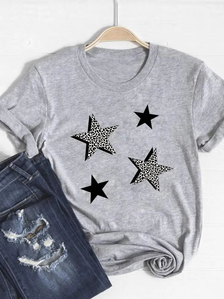 Tee Basic Clothing Women Clothes Print T Shirt Leopard Love Heart Trend Cute Summer Top Fashion Short Sleeve Graphic T-shirt
