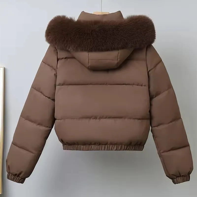 Winter Short Parkas Women's Cotton-padded Clothes Fleece Lining Thicken Warm Outerwear Fur Collar Removable Hooded Quilted Coat