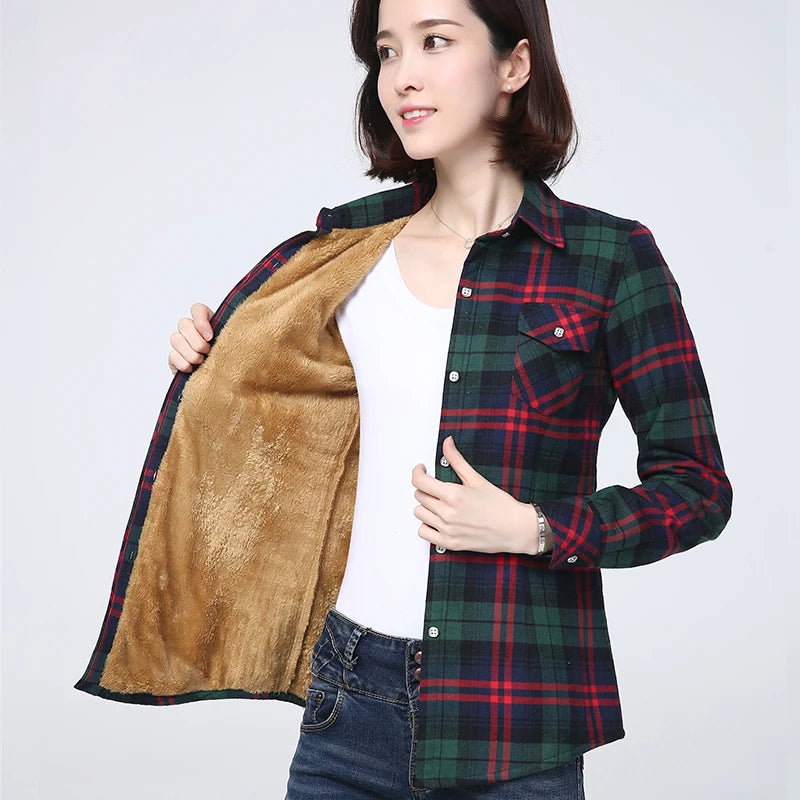 2025 Winter New Women's Warm Plaid Shirt Coat Casual Fleece Velvet Plus Thicke Jacket Tops College Style Woman Clothes Outerwear