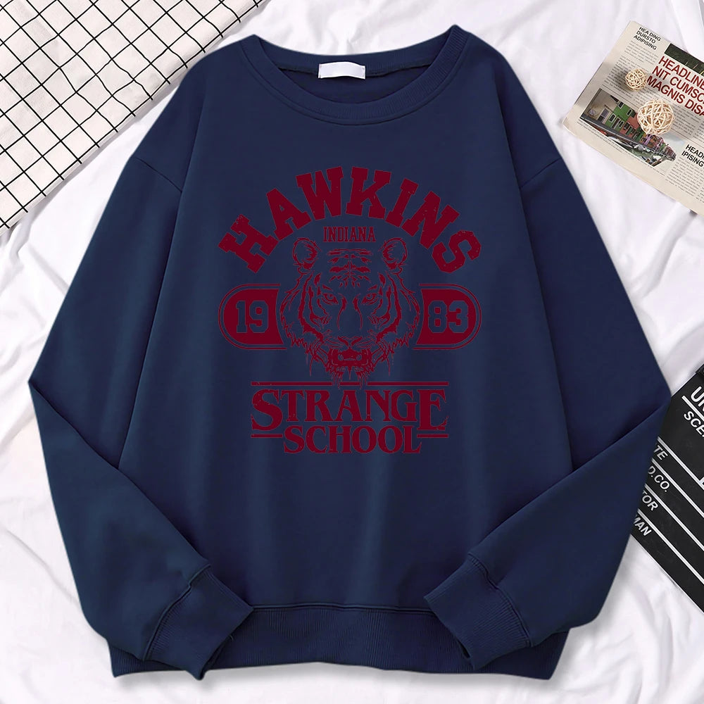 Casual Street Womens Sweatshirt Hawkins High School Indiana 1983 Printing Hoodies Loose Crewneck Pullovers Warm Fleece Clothes