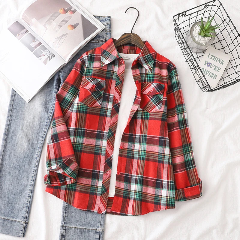 Cotton Flannel Plaid Shirts Women 2025 Autumn New Female Casual Slim Fit Long Sleeve  Blouses & Tops Ladies Checkered Clothes