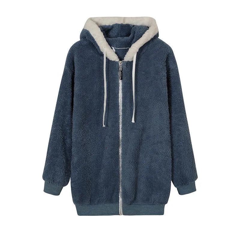 New Style Winter Fashion Women's Coat Casual Hooded Zipper Ladies Clothes Cashmere Women Fleece Jacket Solid Color Ladies Coats