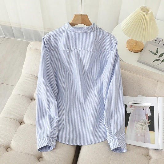 Casual Cotton Women's Oxford Shirt 2024 Autumn New Good Quality Woman Blouse and Tops Lady White Blue Striped Shirts Clothes