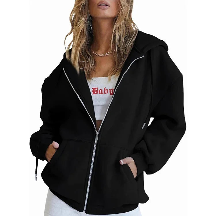 Fashion Gray Zip Up Sweatshirt Women Autumn Winter Jacket Clothes Hoodies Daily Pockets Long Sleeve Solid Versatile Lady Hoodies