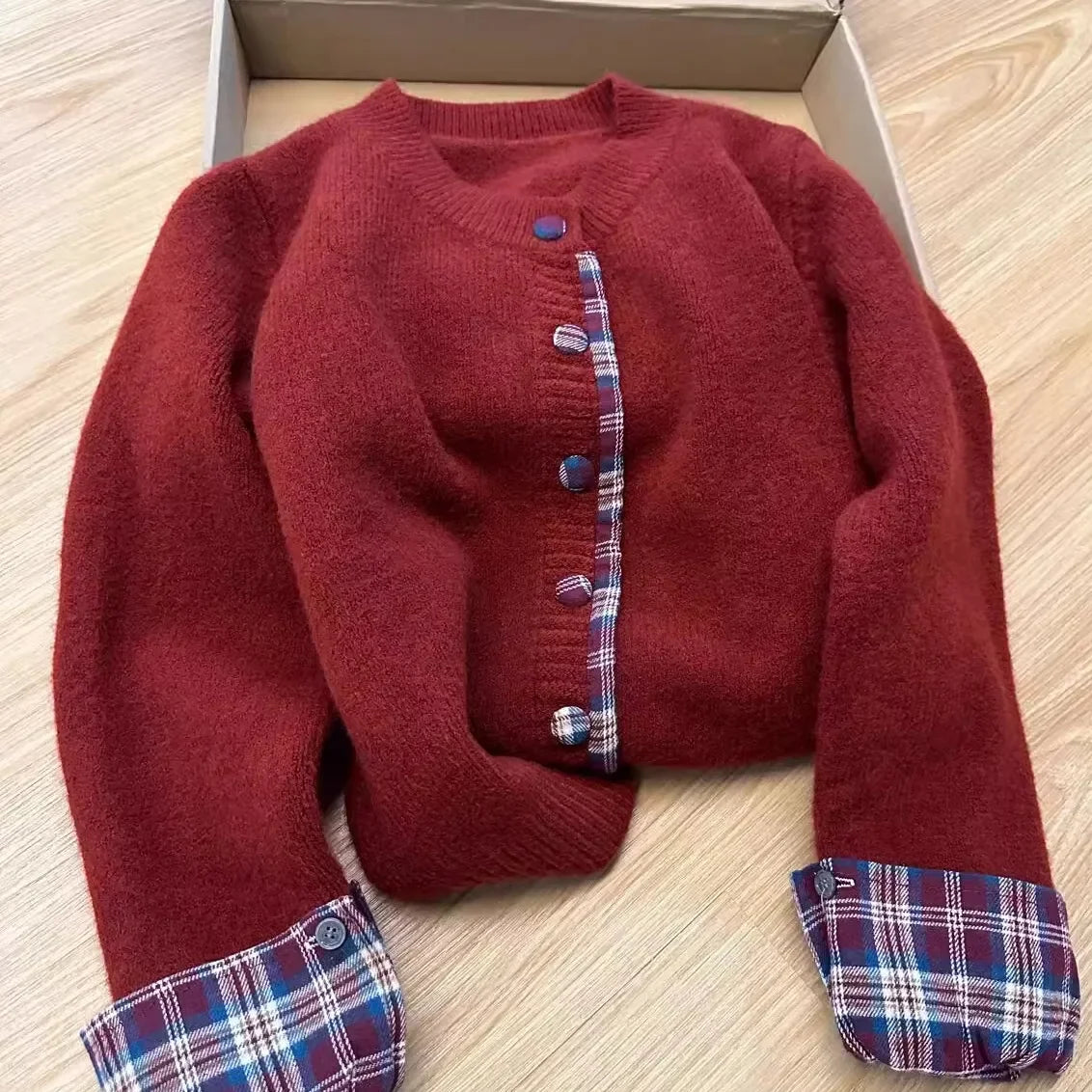 Korean fake two-piece round neck stitching plaid sweater women's autumn and winter clothes new loose casual Joker cardigan top