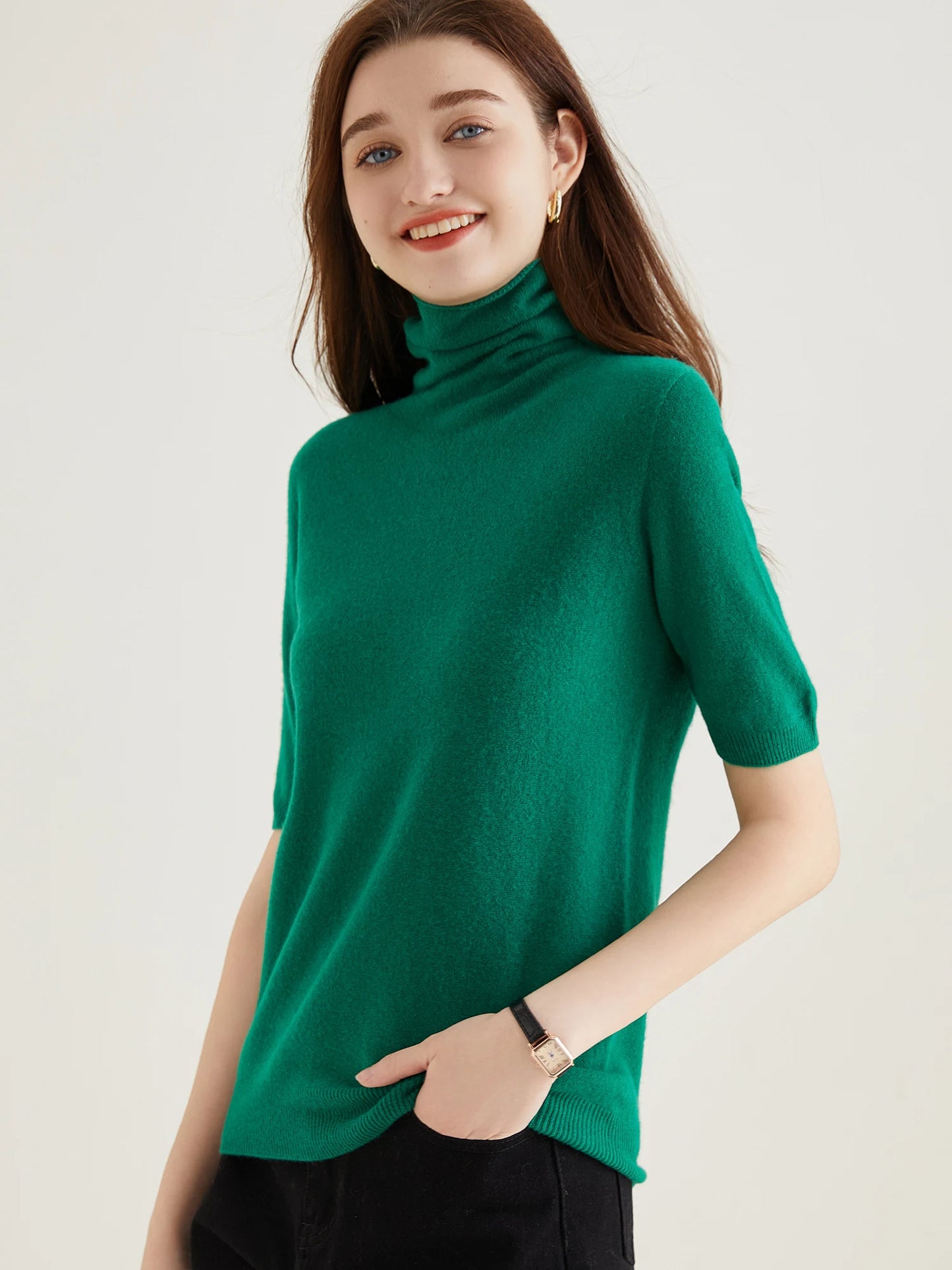 Women's Knit Tops Short Sleeve Fashion Women Sweaters New 100% Merino Wool Knitwears Vintage Sweater Turtleneck Pullover Clothes