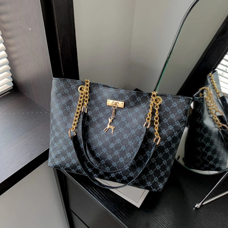 Women's Large Capacity Fashion Tote Bag Luxury Design Handbag Trendy Shoulder Purse with Printing Pattern for Shopping