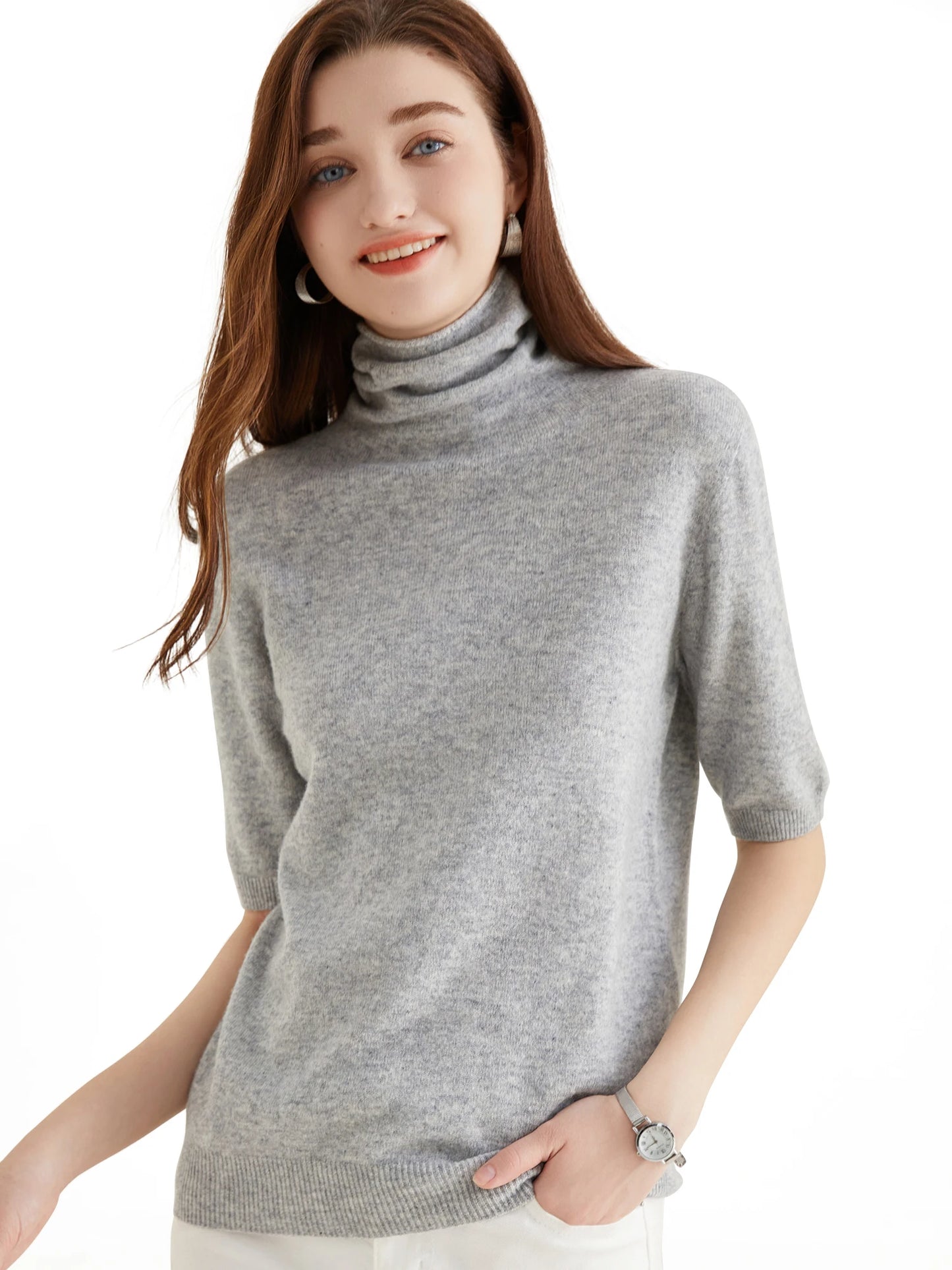 Women's Knit Tops Short Sleeve Fashion Women Sweaters New 100% Merino Wool Knitwears Vintage Sweater Turtleneck Pullover Clothes