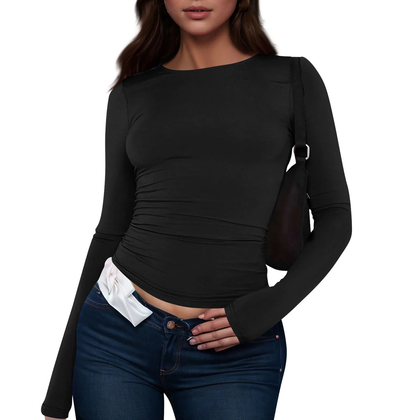 Women Fashion Casual Long Sleeve T Shirt Lady Minimalist Style Solid Color Round Neck Top Female Casual Skinny Daily Clothes
