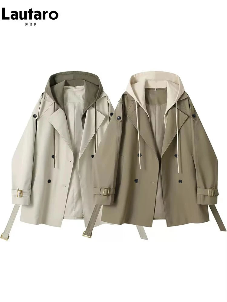 Lautaro Spring Autumn Flowy Casual Trench Coat for Women Belt Double Breasted Loose Luxury Designer Fake 2 Pieces Clothes 2024