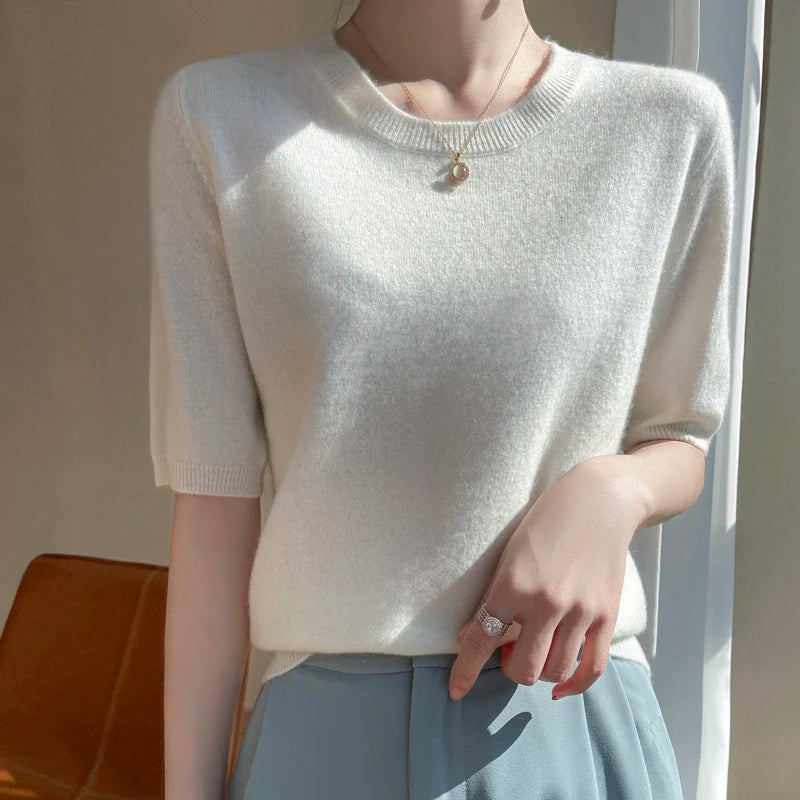 Women 100% Cashmere Sweater T-shirt 2023 New Short Sleeve Pullover Spring O-Neck Basic Jumper For Female Soft Shirt Girl Clothes