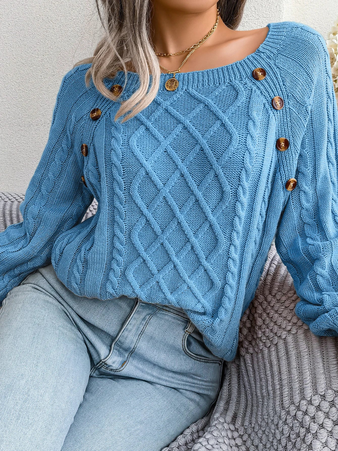 Woman Casual Plain Square Collar Buttons Long Sleeve Knitted Pullover Sweaters for Autumn Winter 2026 Fashion Women Clothes