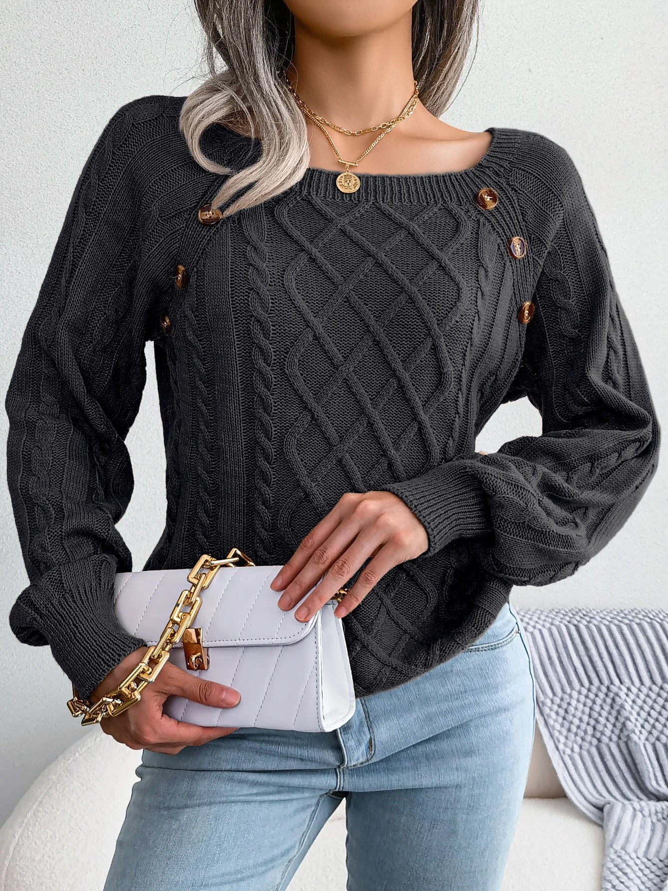 Woman Casual Plain Square Collar Buttons Long Sleeve Knitted Pullover Sweaters for Autumn Winter 2026 Fashion Women Clothes