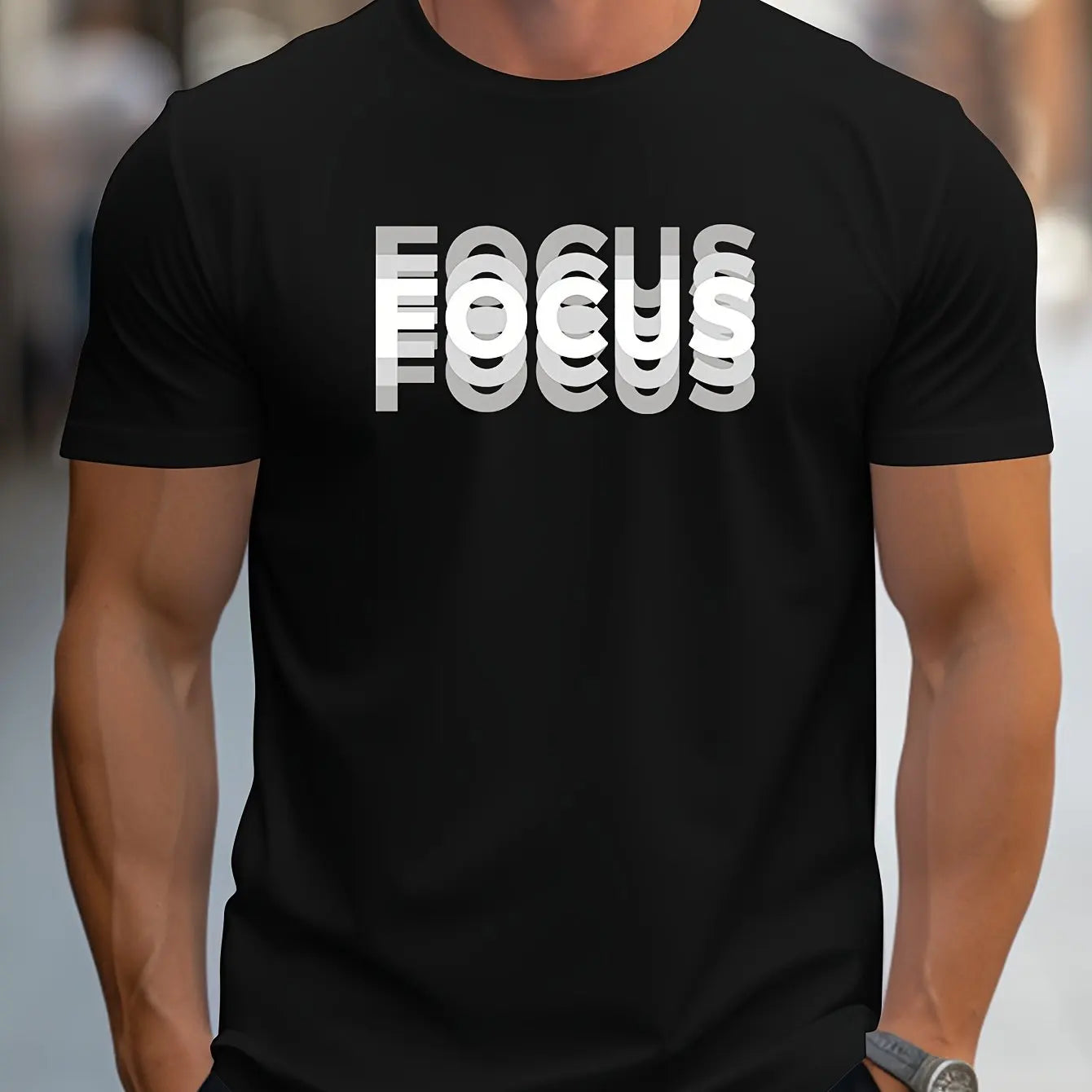 Men's 100% cotton casual sports loose oversized Focus print round neck short sleeved T-shirt top