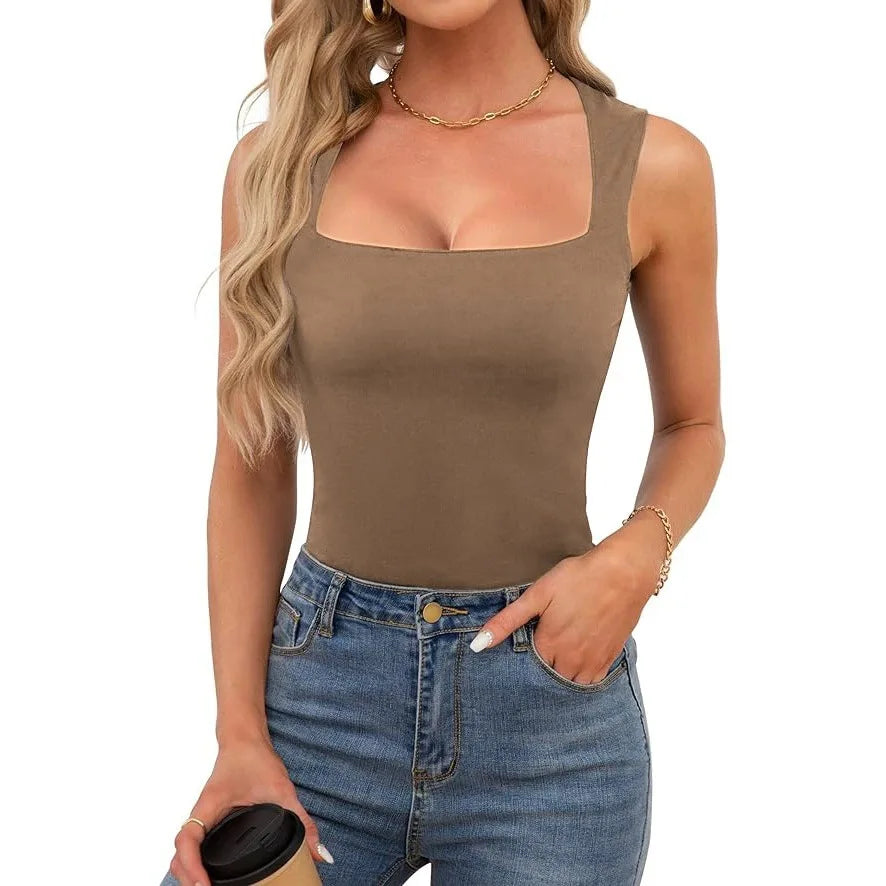 Sexy Slimming T-Shirts for Women Fashion Square Neck Sleeveless Tops Harajuku Tanks Woman Clothes Casual Top Tees Streetwear
