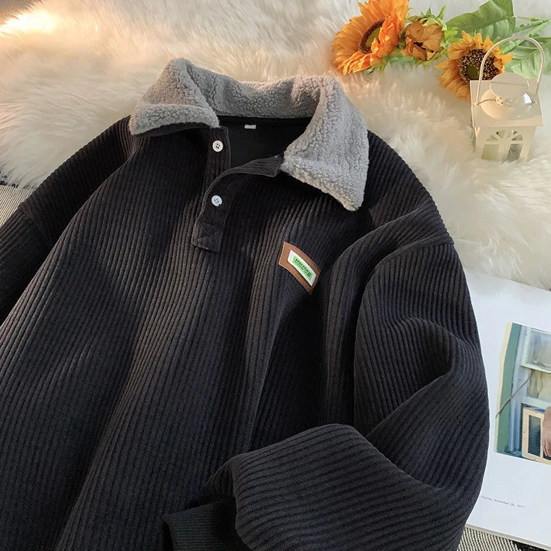 CGC Harajuku Corduroy Polo Neck Sweatshirt Warm Plush Lambswool Hoodies Women Casual Pullovers Outerwears Autumn Winter Clothes