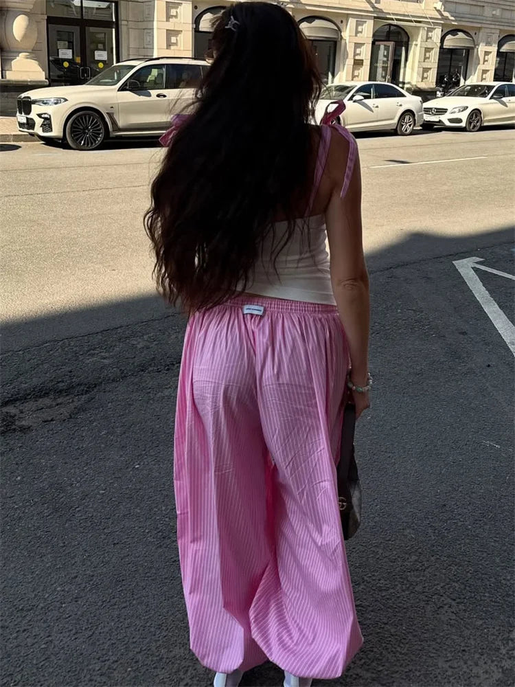 Tossy Striped Lace-Up Casual Women's Pants Patchwork Loose Streetwear Trousers High Waist Commute Clothes Female Bandage Pants